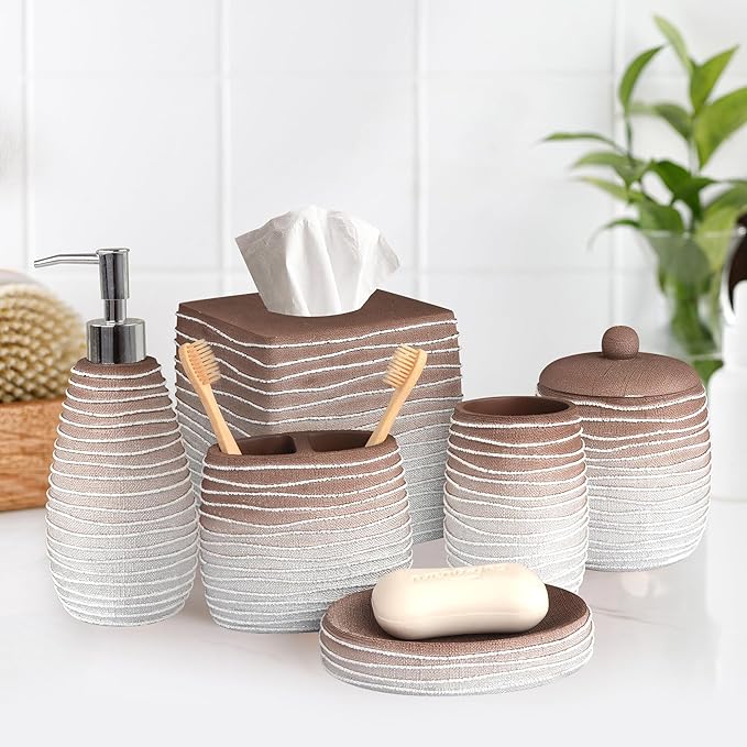 Decozen Bathroom Accessories Set 6Pcs – Soap Dispenser, Toothbrush Holder, Tumbler, Soap Dish & Cotton Swab Jar – Modern Bathroom Decor, Bath Set for Christmas Decor, Antonetta