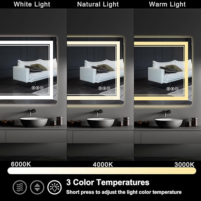 55"x 30" LED Bathroom Mirror with Front and Backlight, Bathroom Vanity Mirror with 3 Color Adjustable, Stepless Dimmable Light, Anti-Fog, Memory Function, Vanity Mirror for Wall(Horizontal/Vertical).