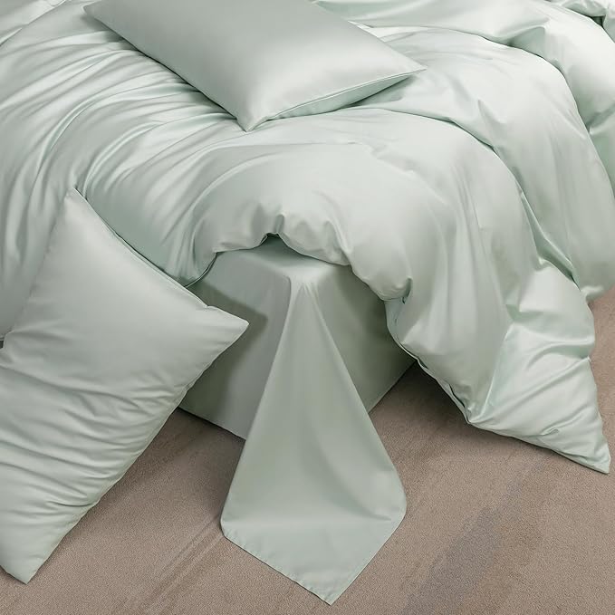 MooMee Duvet Cover Set 100% Extra Long Staple Cotton 600 Thread Count Silky Sateen Smooth Luxury Soft Breathable Durable Hotel Quality Bedding, 3 Pieces (Sage Green, King 104"x90")