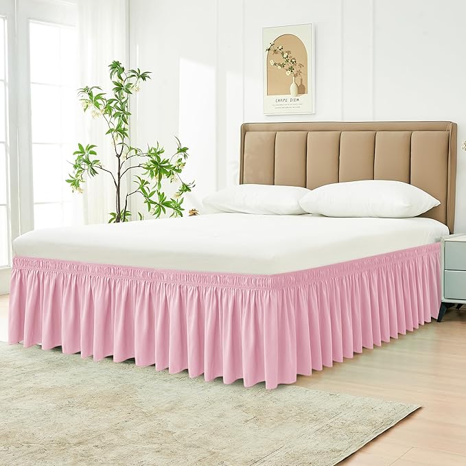 Biscaynebay Wrap Around Bed Skirts for King & Cal King Beds 15" Drop, Pink Adjustable Elastic Dust Ruffles Easy Fit Wrinkle & Fade Resistant Silky Luxurious Fabric Machine Washable