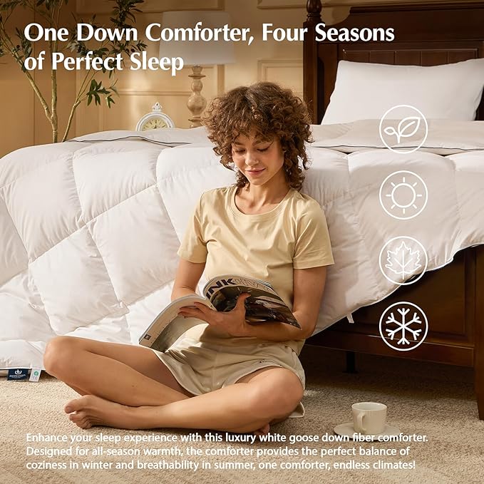 Pacific Coast Goose Feather Down Comforters King Size, 100% Cotton Extra Fluffy White Duvet Insert, Soft, Breathable, All Season Hotel Luxury Bedding Comforters, 8 Corner & Center Loops (106"x90")