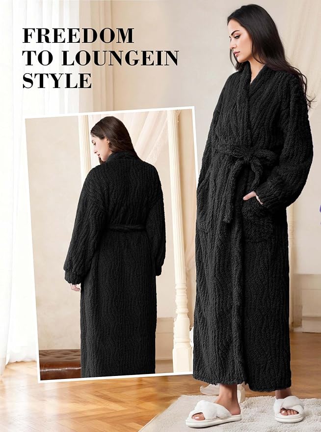 Artfasion Womens Long Fleece Robe - Warm Soft Floor Length Flannel Bathrobes for Winter Thicker Long House Coat with Pockets