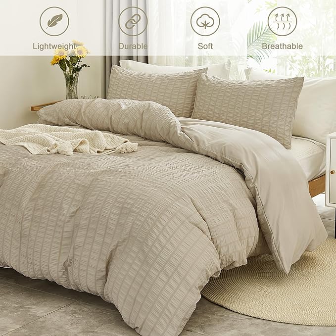 AveLom Beige Seersucker Duvet Cover Set Queen Size (90 x 90 inches), 3 Pieces (1 Duvet Cover + 2 Pillow Cases), Ultra Soft Washed Microfiber, Textured Duvet Cover with Zipper Closure, Corner Ties