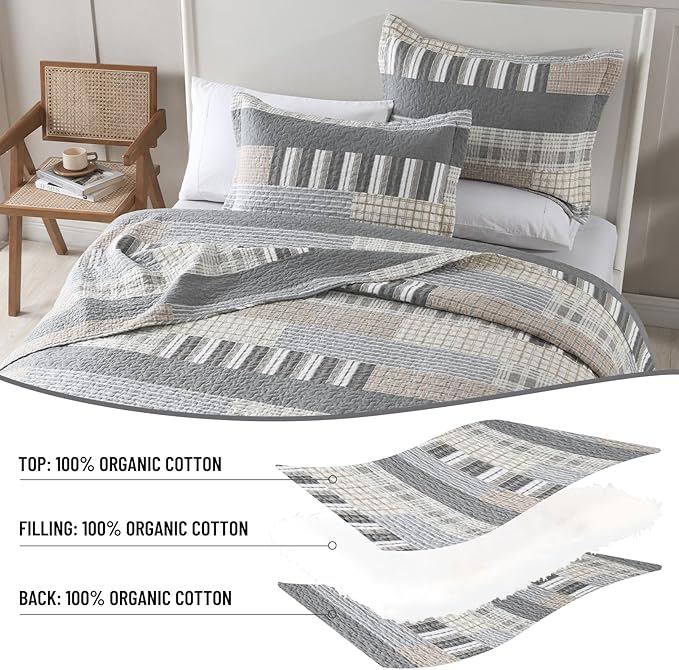 Farmhouse Queen Quilt Set - 100% Cotton Patchwork Striped Plaid Queen Size Quilt Bedspread, Grey Brown Beige Lightweight Reversible Coverlet Bedding Set with 2 Pillow Shams, All Season-98x90