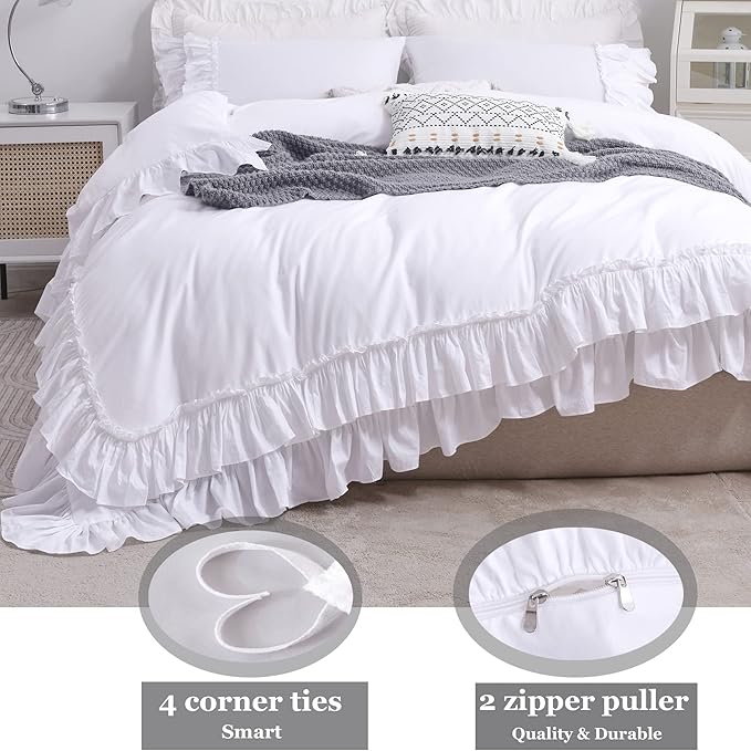 QSH Ruffle White Duvet Cover Queen Size -Washed Cotton Shabby Farmhouse Ruffled Bedding Comforter Cover 3 pcs Aesthetic French Country Queen Duvet Cover Cotton Extra Soft and Breathable