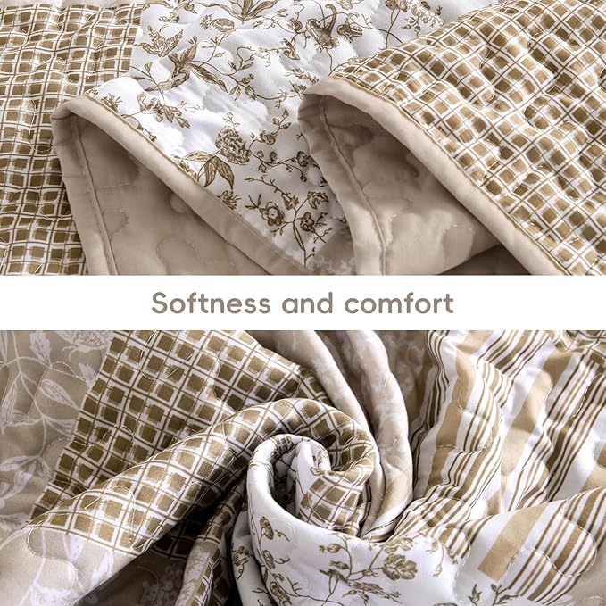 Mybedsoul Beige Boho Quilt Set King Size, 3 Pieces Plaid Floral Bedspread Set Patchwork Reversible Bedding Set Microfiber Bedding Bedspread Coverlet Set for All Season 90"x104"