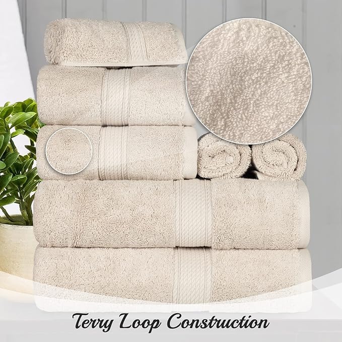 Superior Egyptian Cotton Pile 8 Piece Towel Set, Includes 2 Bath, 2 Hand, 4 Face Towels/Washcloths, Ultra Soft Luxury Towels, Thick Plush Essentials, Guest Bath, Spa, Hotel Bathroom, Cream
