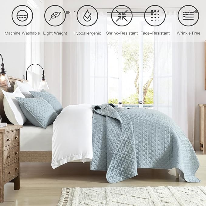 HORIMOTE HOME Quilt Queen Size Chambray Blue, Lightweight Quilt for Summer Ultra-Soft Microfiber Modern Style Quilted Clouds Pattern Bedspread Quit Set 3 Pieces(1 Quilt and 2 Pillow Shams)