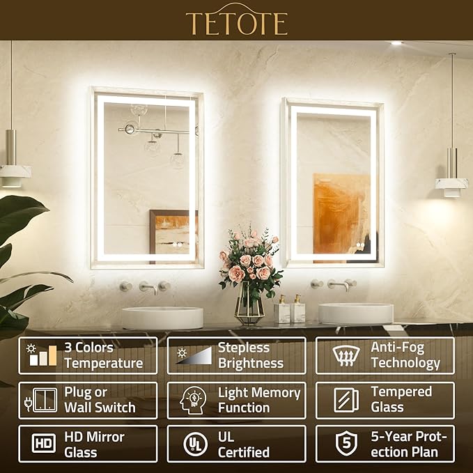 TETOTE 48 x 24 Bathroom LED Mirror Brushed Nickel Metal Frame Frontlit & Backlit Vanity Mirror Stepless Dimmable Anti-Fog 3 Colors White/Warm/Natural Light up Vanity Wall-Mounted