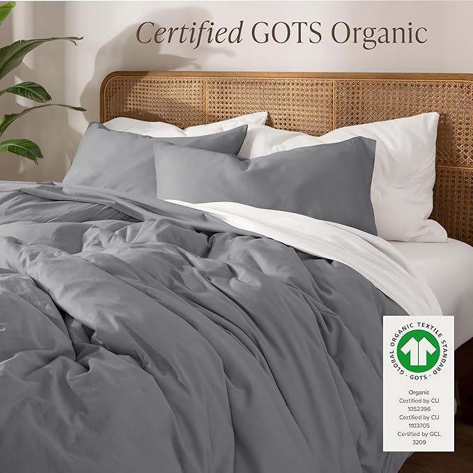 Bare Home 100% Organic Cotton Jersey Duvet Cover Set - Full/Queen Size - Ultra Soft - 100% Cotton - 3pcs - Corner Ties - Button Closure - Envelope Pillowcases (Full/Queen, Grey)