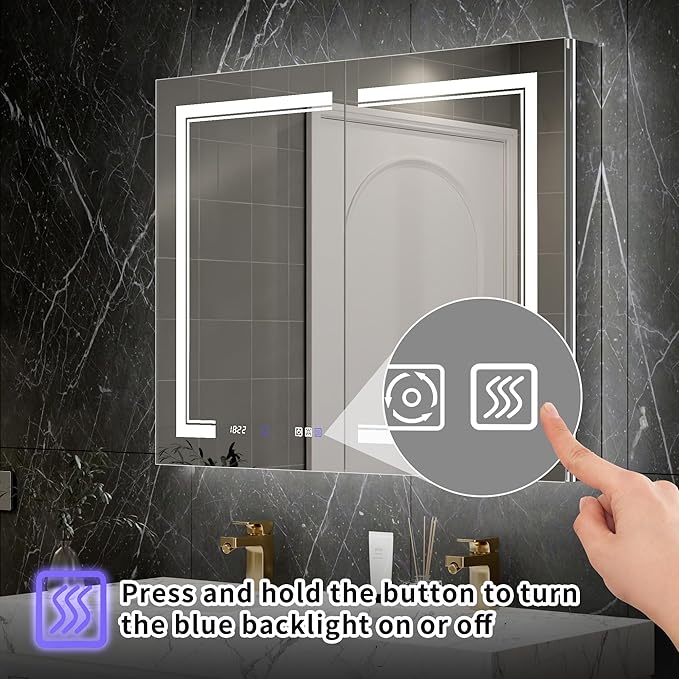 40"x32"Lighted Medicine Cabinet with Mirror，Recessed or Surface Mount LED Medicine Cabinet, Front&Backlit, Clock Temp Display, Anti-Fog, Stepless Dimming, 3-Color Temperatures, Adjustable Shelves