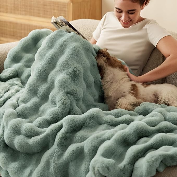 Bedsure GentleSoft Fluffy Faux Fur Throw Blanket, Fuzzy Soft Bubble Blanket for Couch, Faux Fur Decor for Home Bedroom Living Room, Thick Furry Cozy Gifts for Women, Sage Green, 50x60 Inch
