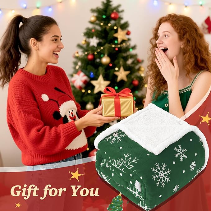 Touchat Christmas Throw Blanket, Sherpa Christmas Blankets, Fuzzy Fluffy Soft Cozy Blanket, Fleece Flannel Plush Microfiber Blanket for Couch Bed Sofa (60" X 80",Green Snowflake)