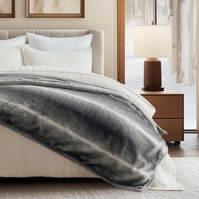 EVERGRACEHOME Ultra Soft Luxury Fluffy Mink Faux Fur Throw Blanket, Thick Warm Fall Winter Blankets for Bed, Couch, Cozy Plush Reversible Blanket for Chair, Sofa (Ombré Silver Onyx, 60"x80")