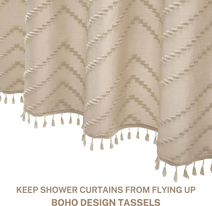 Boho Farmhouse Shower Curtain, Woven Fabric Cute Beige, 60 x 72 Tufted Chevron Textured Striped Modern Farmhouse Minimalist