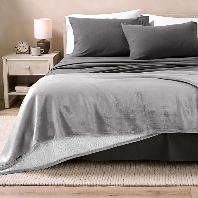 Bare Home Sherpa Fleece Blanket - Throw/Travel Size - Blanket for Bed, Sofa, and Couch - Warm & Lightweight - Fluffy & Soft - Reversible (Throw/Travel, Light Grey)