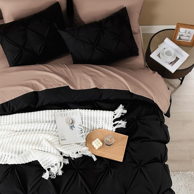 Litanika Black Oversized Queen Pinch Pleat Duvet Cover, 3 Pieces Pintuck Cover Soft Microfiber Bedding Set with Zipper Closure & Corner Ties(1 Duvet Cover, 2 Pillowcases)