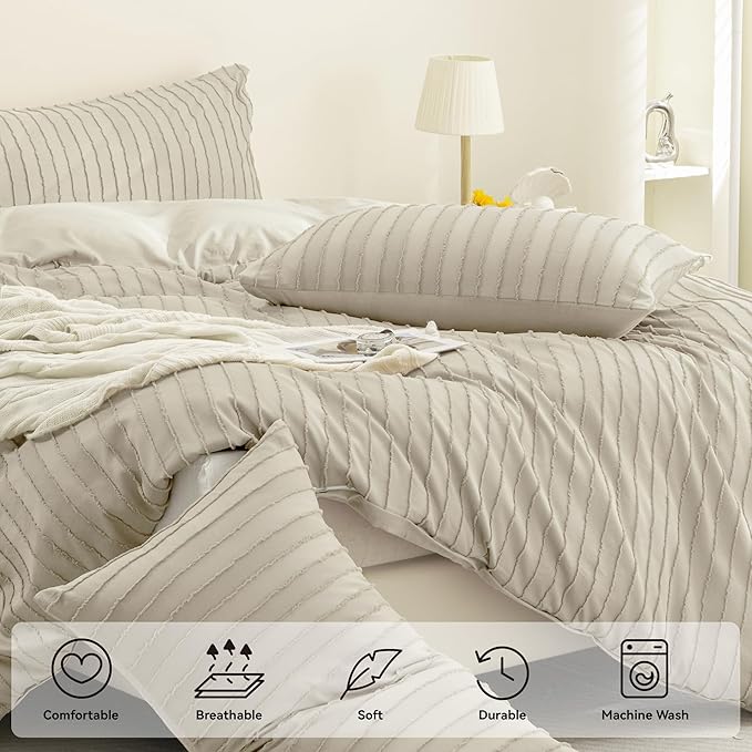 JELLYMONI Duvet Cover Queen Size Light Khaki - 3PCS Boho Striped Duvet Cover Set Polyester Tufted Bohemian Textured Comforter Cover 90×90in with Corner Ties & Zipper and 2 Pillowcases