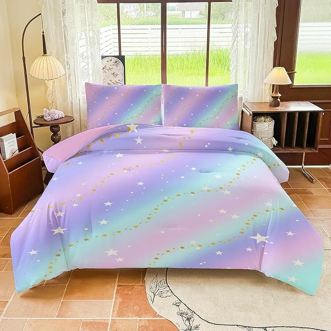 Rainbow Bedding Set Twin Size – 5 Piece Reversible Girls Comforter with Deep-Pocket Sheet, Gradient Galaxy Design, Whole-Piece Filling, Machine Washable Bed-in-a-Bag for Kids Room Makeover & Gifts