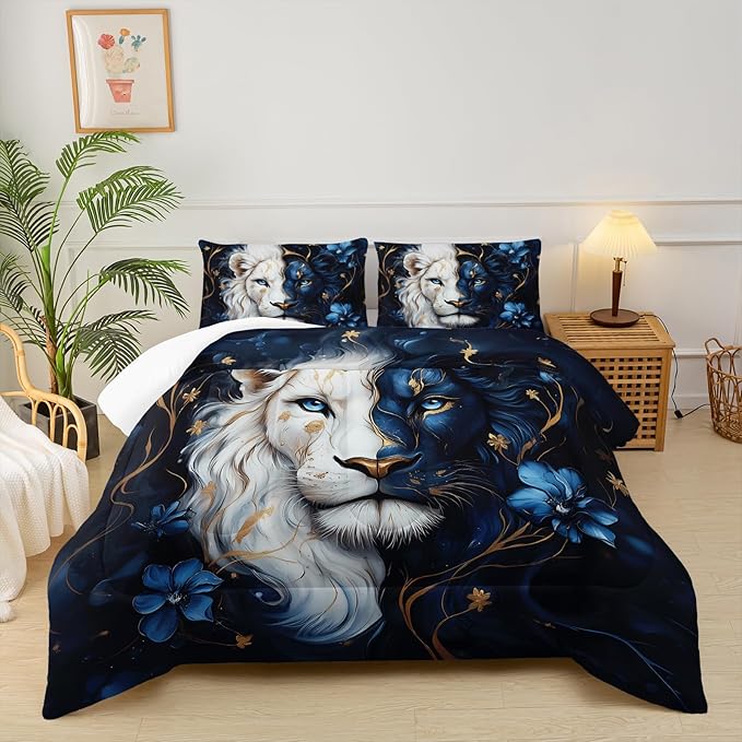 Black and Gold Flower Lion Comforter Set Queen Size，Animal Print Queen Size Bedding Set for Boy，with 1 Comforter with 2 Pillow Case