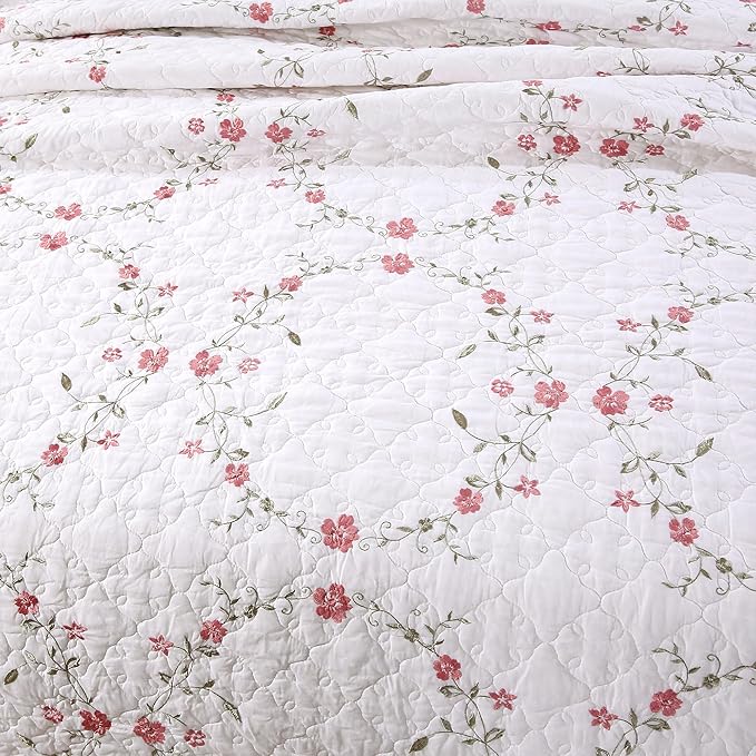 Quilt Set Circular Floral 3D Embroidery Pattern 100% Cotton Reversible Quilted Embroidered Decorative Bedspreads Coverlet Set, Lightweight &Soft Twin Size White Bedding Coverlet for All Season