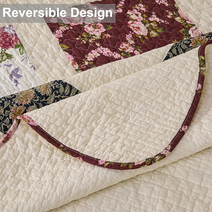 Cmfshape Floral Quilt Sets Bedspread Set 100% Cotton Patchwork Bedding Set,All Season Use Lightweight Reversible Coverlet Quilts with 2 Pillow Shams(King 106"x96")