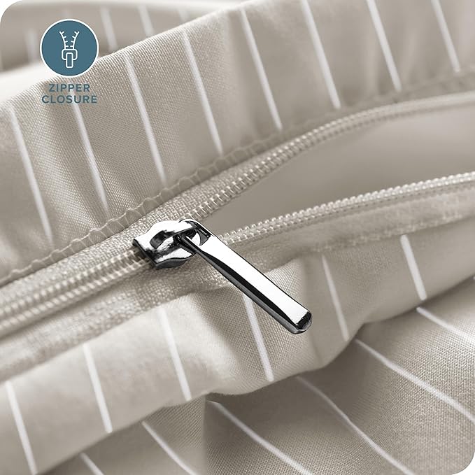 Bare Home Bedding Duvet Cover Extra Long Size - Premium 1800 Super Soft Collection - Lightweight, Cooling - Soft Textured (Twin/Twin XL, Pinstripe - Stone/White)