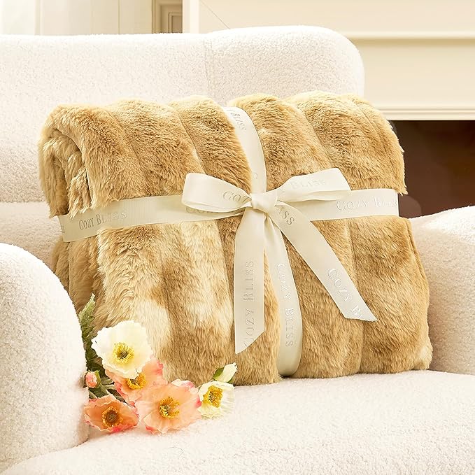 Cozy Bliss Faux Fur Throw Blanket for Couch, Fuzzy Soft Plush Thick Striped Blanket for Sofa Bedroom Living Room, 50 * 60 Inches Tie-dye Khaki