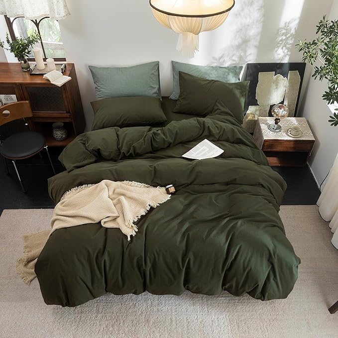 FOSSA Duvet Cover Set 100% Washed Cotton Linen Feel Super Soft Breathable Cozy 3 Pieces Bedding Sets Solid Olive Green Super King