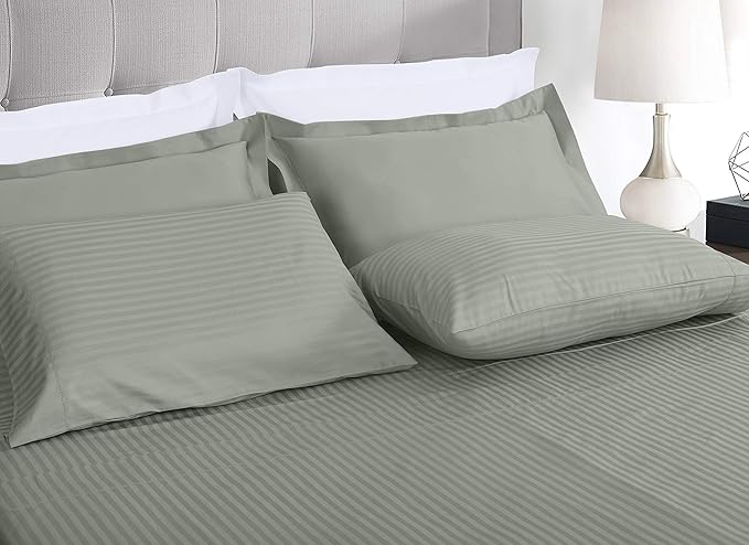 Threadmill 100% Cotton Sheets for Cal King Size Bed - 600 Thread Count Cal King Bed Sheets Set with 16” Deep Pocket - Damask Stripe Sateen Weave 4-Piece Bedding Set with Cooling Effect, Moonrock Grey