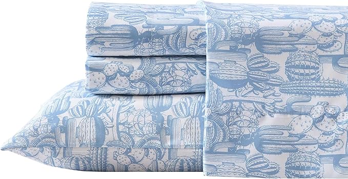 Wrangler - Queen Bed Sheets, Ultra-Soft & Lightweight Bedding with Matching Pillowcases, Lightweight Bed Set for All Season Comfort, Oeko-Tex Certified (Cactus Toile Blue)