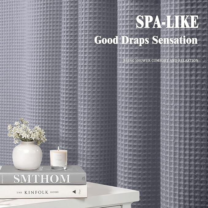 Extra Long Waffle Shower Curtain - Grey Cotton Texture Fabric Heavyweight Shower Curtain for Bathroom,72Wx84L