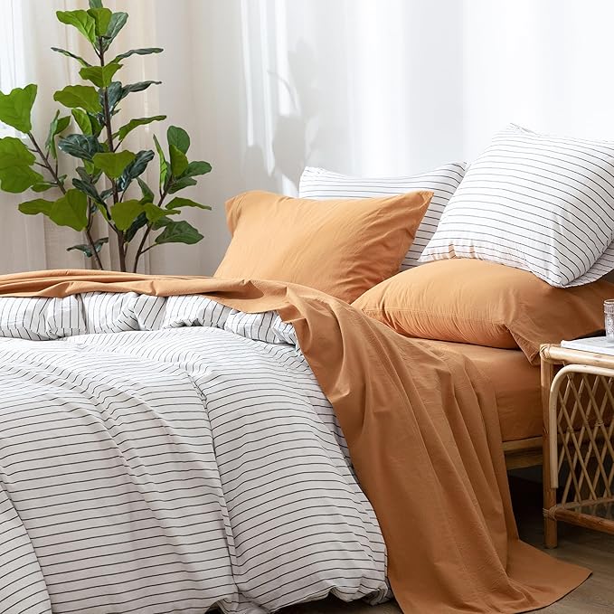 MooMee Bedding Sheet Set 100% Washed Cotton Linen Like Textured Breathable Durable Soft Comfy (Solid Burnt Orange, Full)