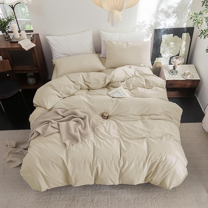 FOSSA Duvet Cover Set 100% Washed Cotton Linen Feel Super Soft Breathable Cozy 3 Pieces Bedding Sets Solid Almond Grey King