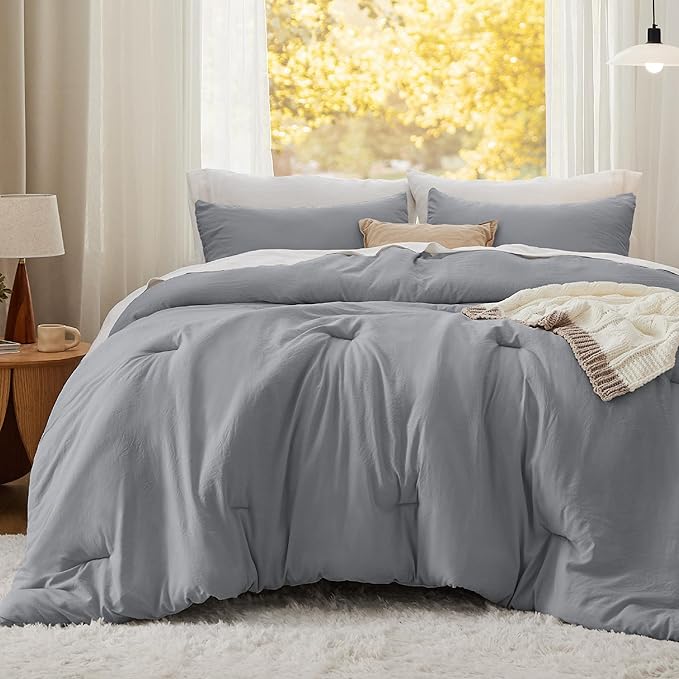 Bedsure Queen Size Comforter Set, Grey Soft Prewashed Bedding for All Seasons, 3 Pieces GentleSoft™️ Warm Down Alternative Bed Set, 1 Lightweight Comforter (90"x90") and 2 Pillowcases (20"x26")