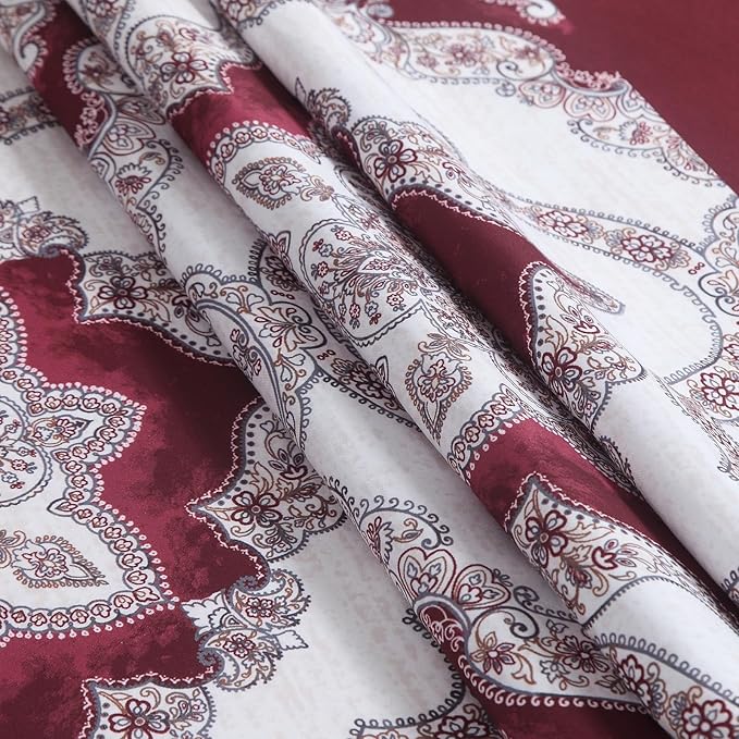 Extra Long Burgundy Shower Curtain 84 Inches, Water Repellent Fabric with Medallion Pattern, 12 Metal Grommets & Weighted Hem