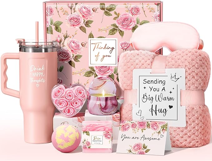 Birthday Gifts for Women Self Care Get Well Soon Gifts, Rose Relaxing Spa Gifts Box Care Package Basket w/ Luxury Flannel Blanket 40 oz Tumbler, Christmas Gifts Set for Mom Her Wife Girlfriend Sister