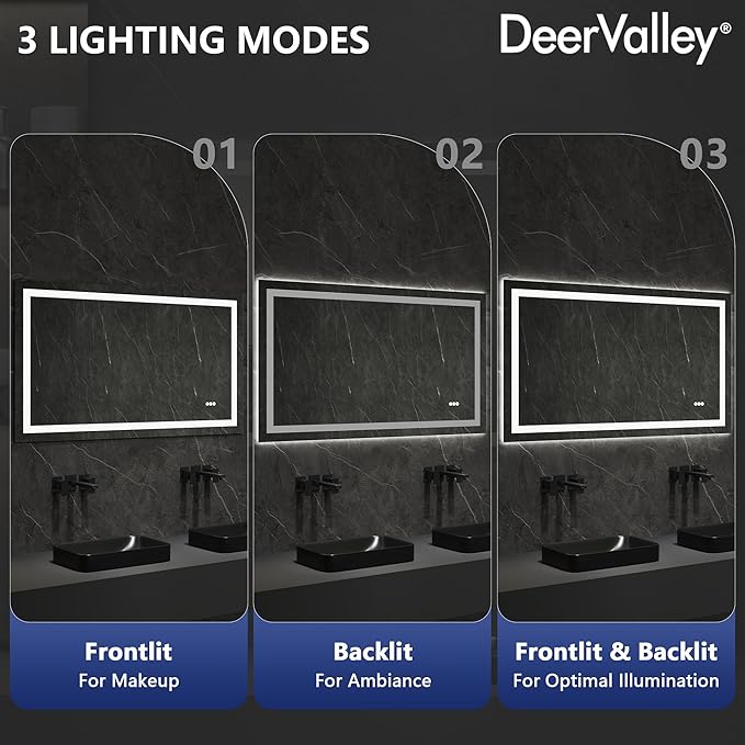 DeerValley LED Bathroom Mirror, 55" x 30" Front and Backlit Wall Mounted Bathroom Vanity Mirror, Anti-Fog, 3 Colors Dimmable, Shatterproof, Tempered Glass, Memory Function (Horizontal/Vertical)