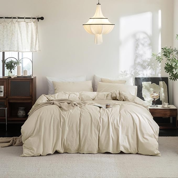 FOSSA Duvet Cover Set 100% Washed Cotton Linen Feel Super Soft Breathable Cozy 3 Pieces Bedding Sets Solid Almond Grey Oversized King