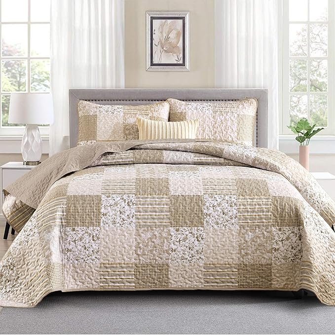 Mybedsoul Beige Boho Quilt Set Queen Size, 3 Pieces Plaid Floral Bedspread Set Patchwork Reversible Bedding Set Microfiber Bedding Bedspread Coverlet Set for All Season 90"x96"