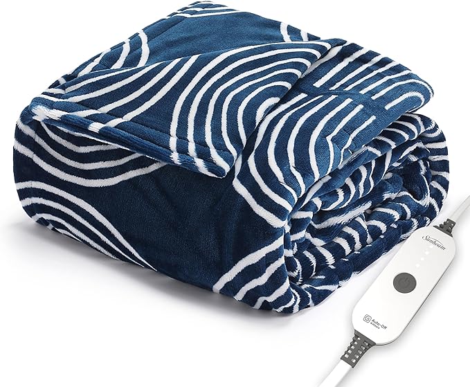 Sunbeam Ultimate Cozy Royal Posh Velvet Hand & Foot Pocket Heated Throw Electric Blanket, 50" x 72", 4 Heat Settings, 4-Hour Auto Shut-Off, Warming Throw for Couch, Machine Washable, Blue Rounds
