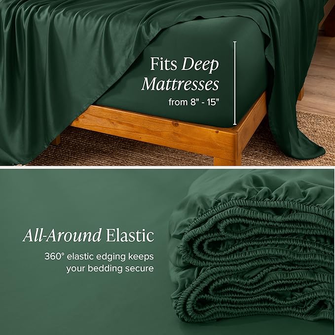 Bare Home 100% Rayon Made from Bamboo Queen Sheet Set - 4 Piece Bedding Set - Deep Pockets - Breathable - Easy Fit - Bedding Sheets & Pillowcases (Queen, Forest Green)