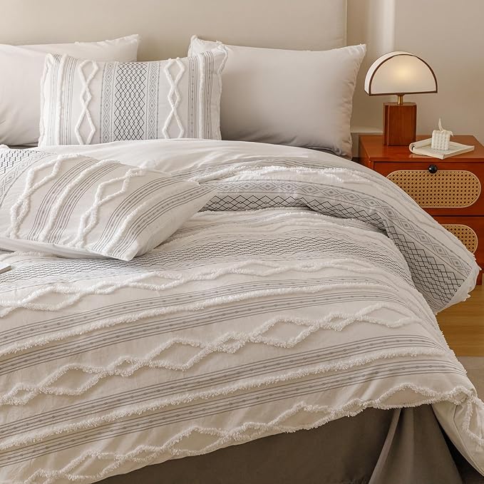 Cottonight White Black Boho Comforter Set Queen Farmhouse Tufted Bedding Set Soft Bohemain Shabby Chic Blanket Quilts Embroidery Rustic Luxury Soft 3PCS Bed Set for Women Men