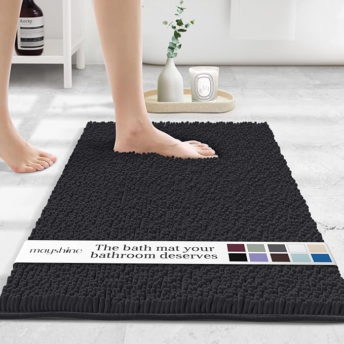 MAYSHINE Plush Shaggy Chenille Bath Mat | Extra Soft, Super Absorbent, Non-Slip Bathroom Rug | Fluffy Microfiber, Area Rug Sets for Bathroom Floor, Kitchen, Living Room | 24"x17" | Black