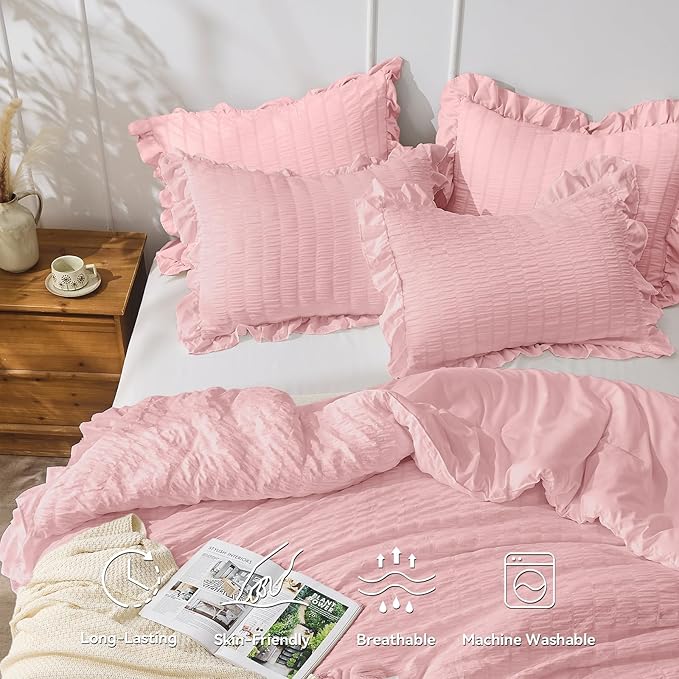 JOLLYVOGUE Pink Seersucker Queen Comforter Set, 3 Pieces Bed in a Bag Comforter Set, Lightweight & Fluffy Bedding Sets Queen for All Season with 1 Ruffle Comforter and 2 Ruffle Pillowshams