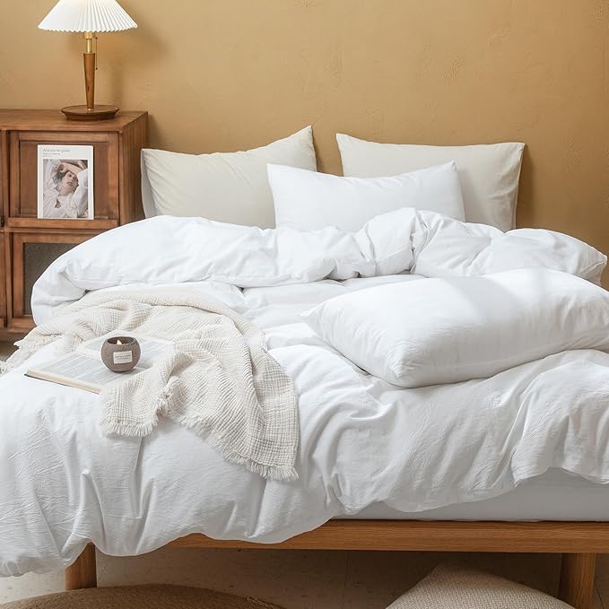 FOSSA Duvet Cover Set 100% Washed Cotton Linen Feel Super Soft Breathable Cozy Simple Style 3 Pieces Bedding Sets Solid Bright White Twin/Twin XL