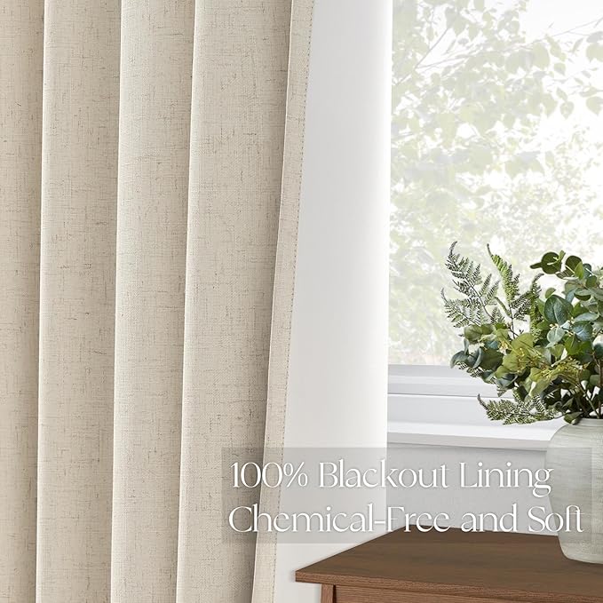 Topfinel 90 Inches Long Full Blackout Cream Farmhouse Linen Curtains for Bedroom, Ivory Pinch Pleated Curtains, Decorative Elegant Farmhouse Lined Drapes 2 Panels Set for Living Room Sliding Door