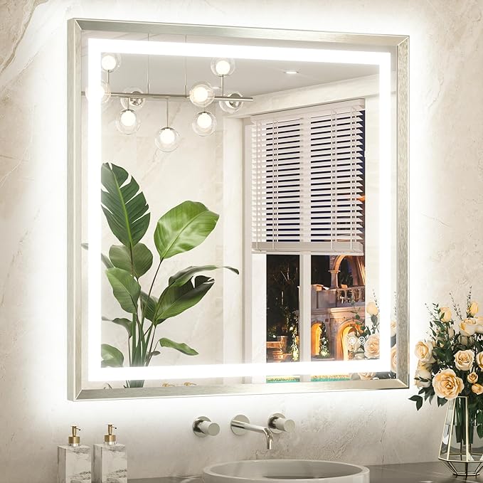 TETOTE Led Bathroom Mirror 36 x 36 with Brushed Bright Nickel Frame Anti-Fog Frontlit & Backlit Vanity Mirror Stepless Dimmable 3 Colors White/Warm/Natural Wall-Mounted