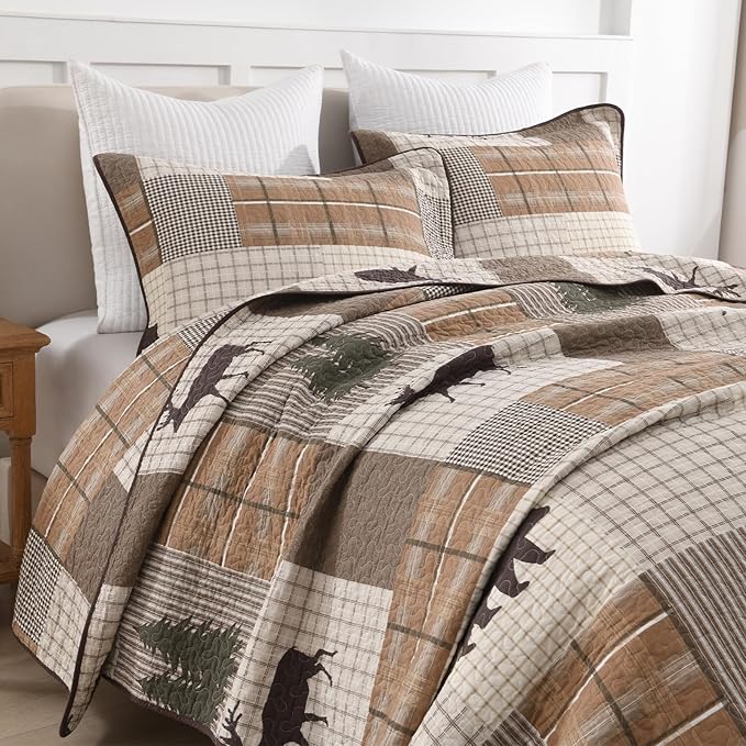 Uniclinens 100% Cotton Quilts Queen Size - Farmhouse Cabin Lodge Bear Deer Tree Quilt Set, Soft Patchwork Plaid Bedspreads Lightweight Quilted Comforter with 2 Pillow Shams, Green/Brown/Cream