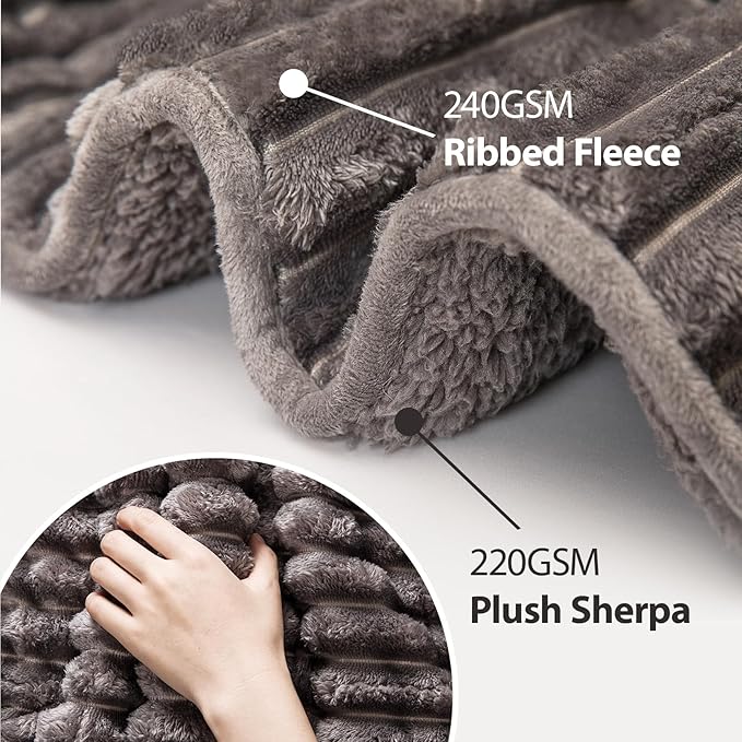 Sherpa Fleece Weighted Blanket with 3D Ribbed Stripes, 15 lbs Soft Flannel Heavy Throw Blanket for Couch Bed Sofa, Heavy Thick Blankets with Ceramic Beads, Great for Sleep, 48" x 72"